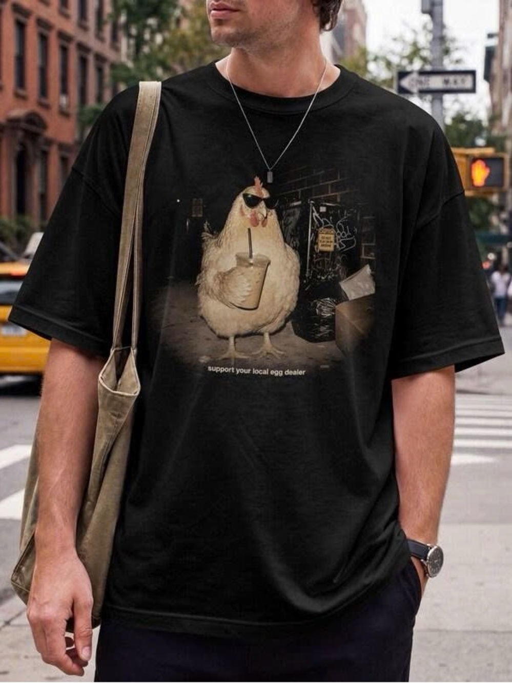 Gildan Black Short-Sleeve Tee with Humorous Chicken Graphic